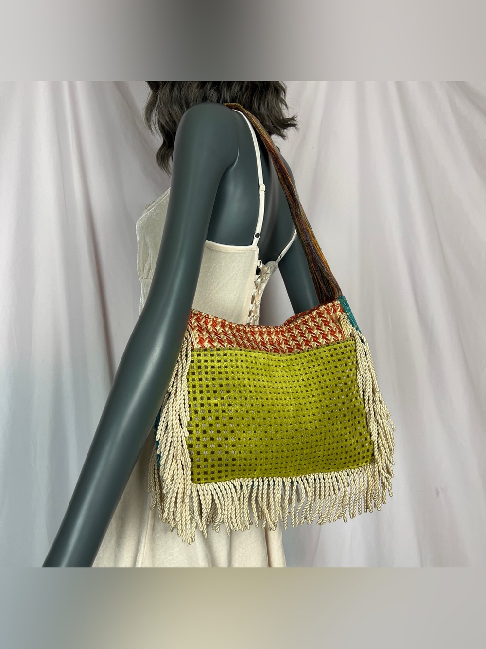 Handmade Bohemian Green / Orange / Blue Woven Knit Fringe Bag